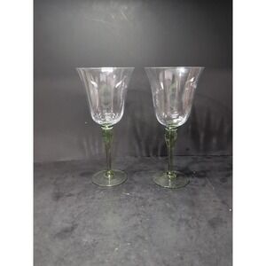 Block Hand Blown Green Melody Water Goblets, Set Of 2, 9.25' Tall,‎ Optic Design